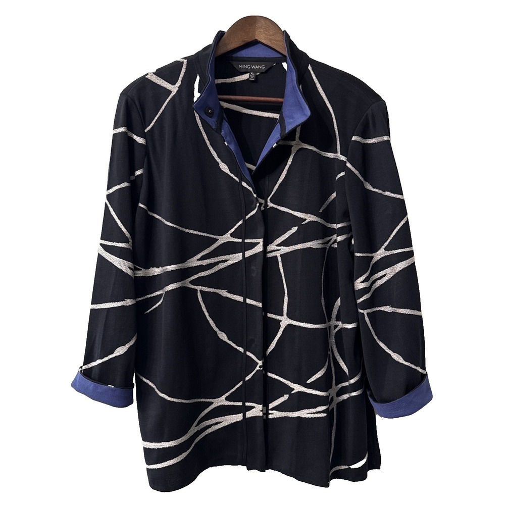 Ming Wang cardigan women's XL navy silver abstract career office work whimsical